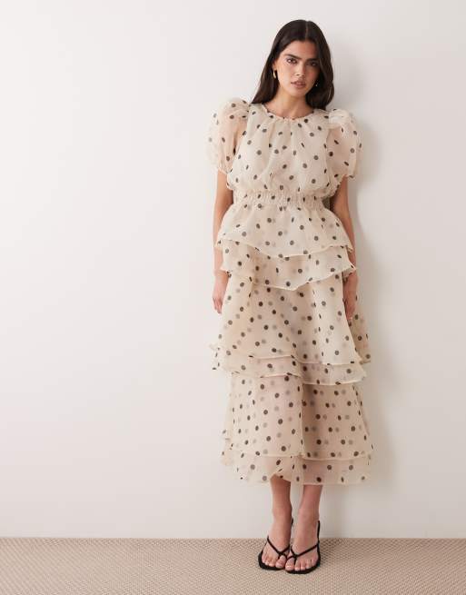 Vila – Midikleid in Creme mit Polka-Dots, voluminösen Ärmeln und Rüschen, 2 von 4