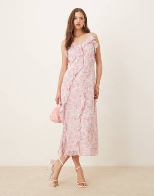 VILA - Midikleid in Rosa mit Blümchenmuster und Rüschensaum-Bunt