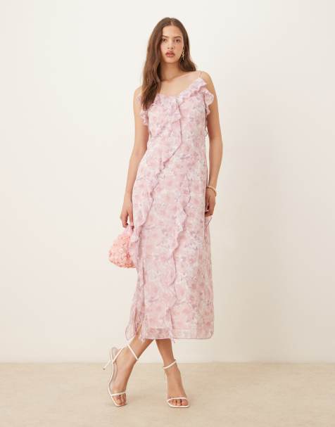 VILA – Midikleid in Rosa mit Blümchenmuster und Rüschensaum - view 1