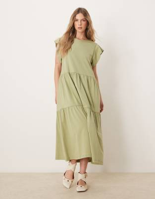 VILA - Midikleid in Salbeigrün mit Flatterärmeln und Stufensaum