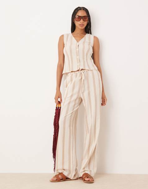 Vila mix and match linen touch tie waist wide leg trouser in cream & tan stripe