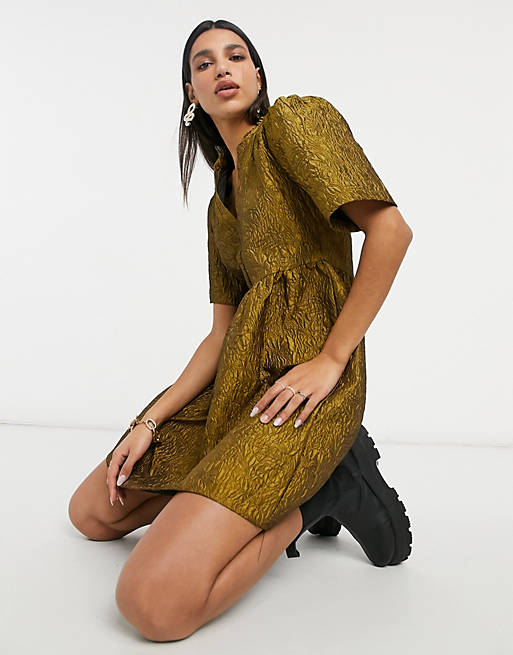 Vila mini dress with grandad collar and frill detail in floral jacquard gold