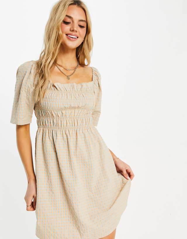 Vila mini dress with shirring and square neck in gingham