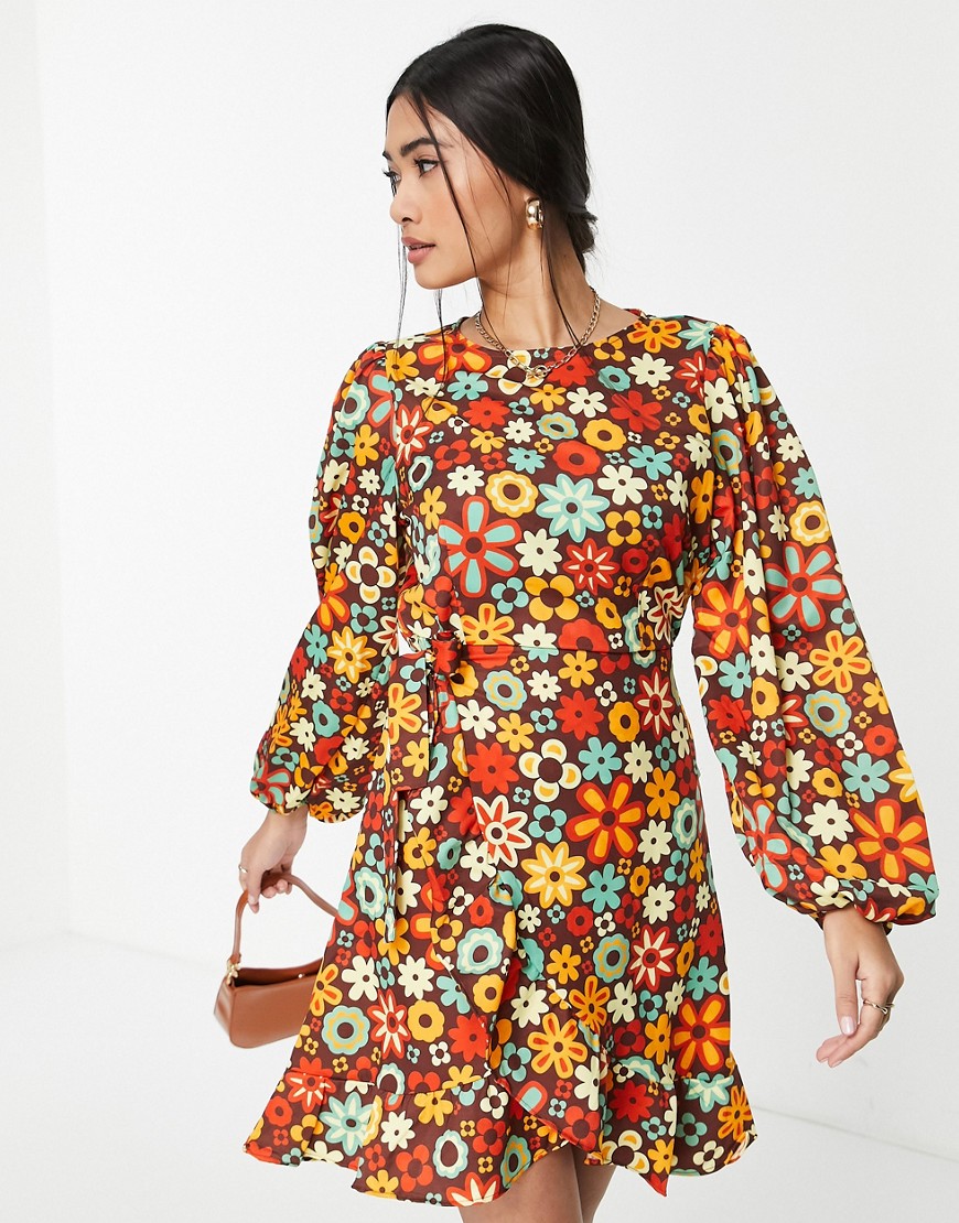 Vila mini dress with wrap skirt and belt in retro floral-Multi