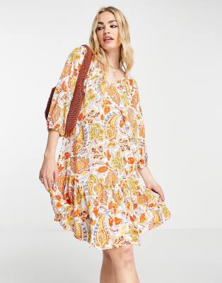 Vila - Mini-Hängerkleid mit Paisley-Print in Weiß und Orange-Bunt