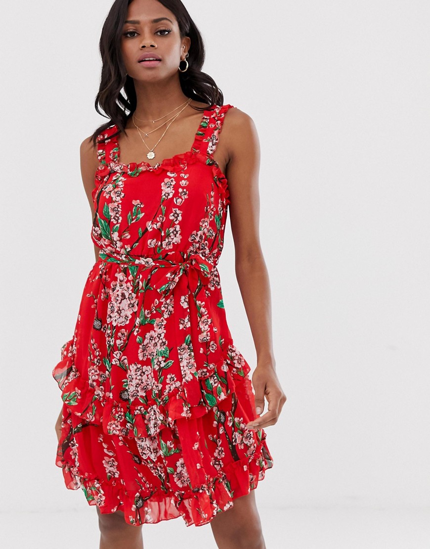 Vila - Mini-jurk met camibandjes, ruches en bloemenprint-Rood