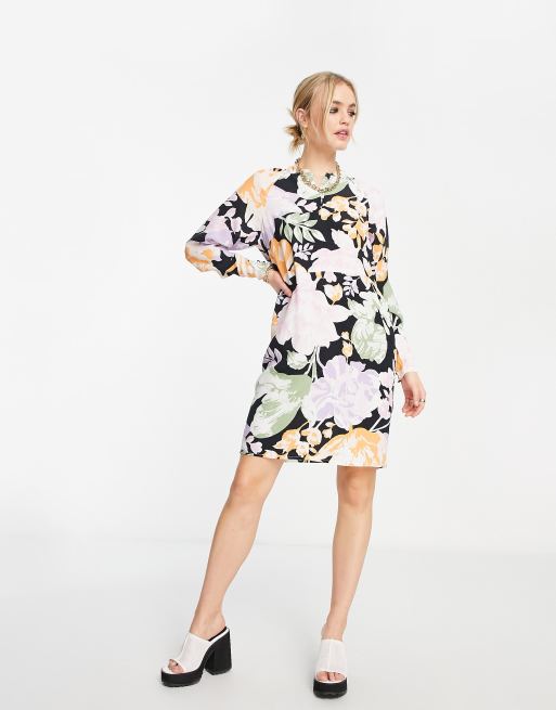 Vila - Mini jurk met ruches aan de hals in pastelkleurige bloemenprint, 4 van 4