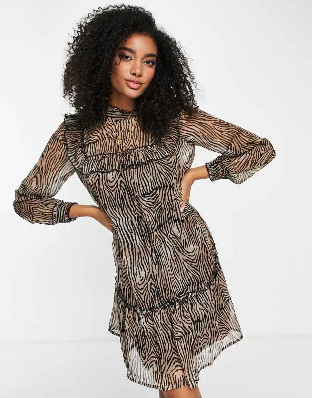 Vila mini smock dress with ruffle detail in animal print