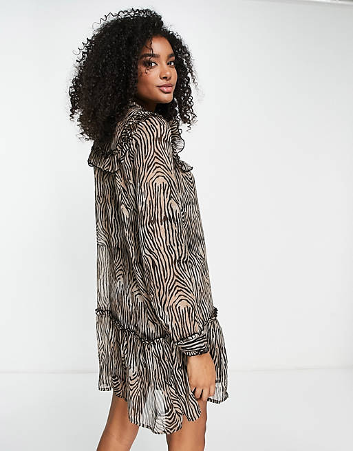 Leap unearth ourselves Vila mini smock dress with ruffle detail in animal print | ASOS