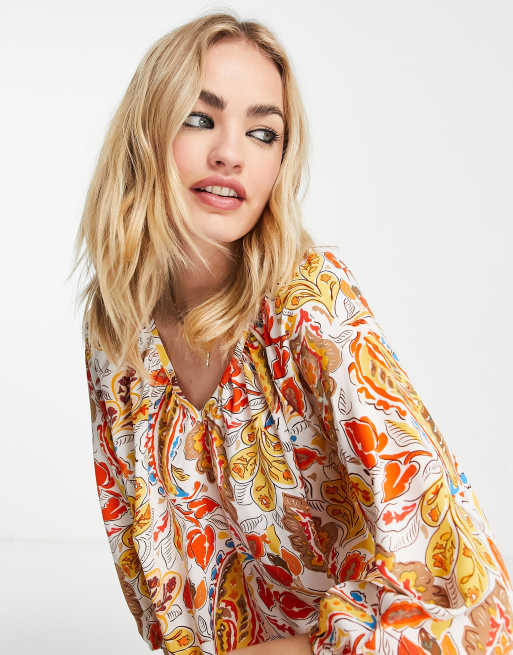 Vila - Mini-smockkjole i hvid og orange med paisleyprint, 2 af 4