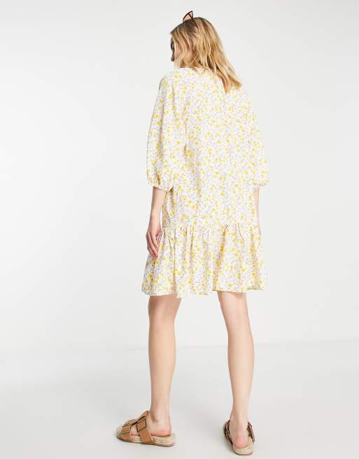 Vila - Mini-smockkjole med småblomstret print i hvid og gul, 4 af 4