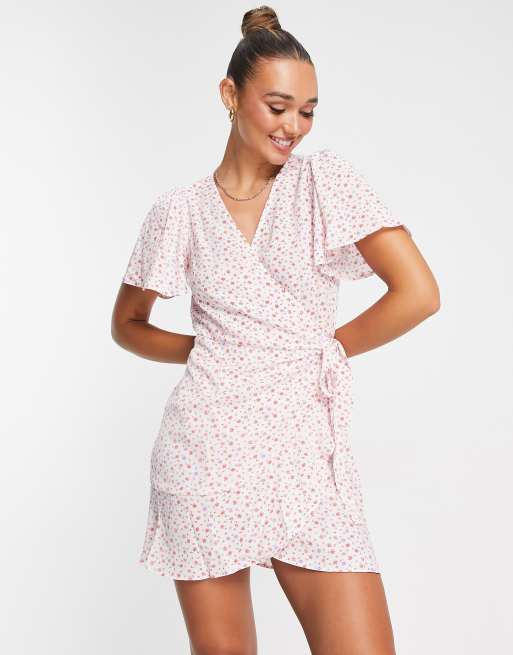 Vila - Mini-wikkeljurk met fijne roze print, 3 van 4