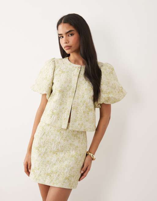 VILA - Minigonna in jacquard verde fumo a fiori in coordinato, 2 di 5