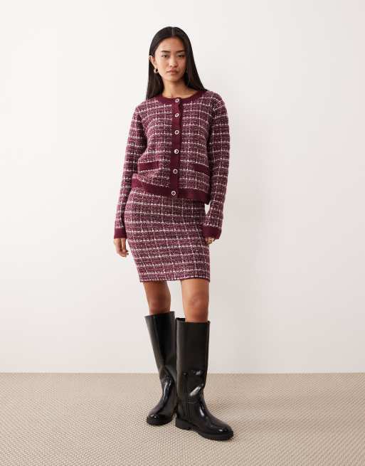 VILA - Minigonna in maglia bouclé color bordeaux a quadri in coordinato