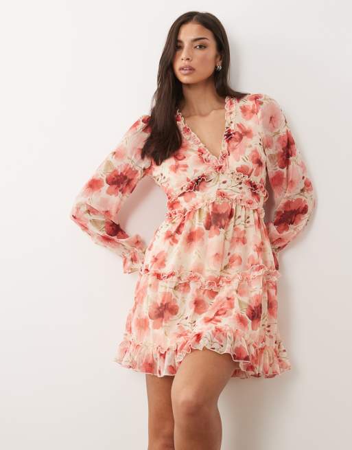 VILA - Minikjole i chiffon med flæsedetaljer og lyst blomsterprint, 2 af 4