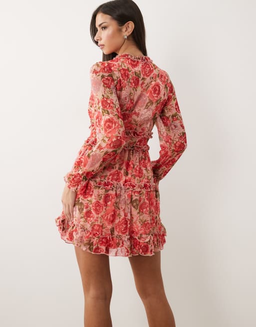 Vila - Minikjole med flæsedetaljer og rødt roseprint i chiffon, 4 af 4