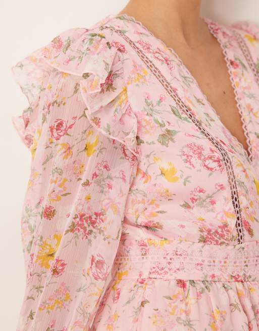 VILA – Minikleid in Pfirsich mit Spitzendetail, Rüschen und Blumenmuster, 3 von 4