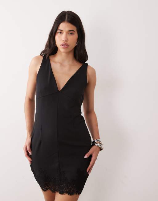 Vila Minikleid mit tiefem V-Ausschnitt und Spitzenbesatz in Schwarz, 4 von 4