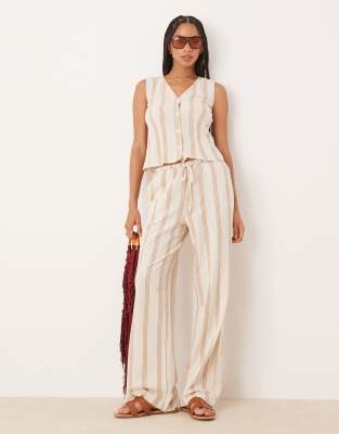 VILA - Mix and Match - Gestreifte Hose in Cremeweiß und Hellbraun mit Leinenanteil, weitem Bein und Kordelzugbund-Neutra...