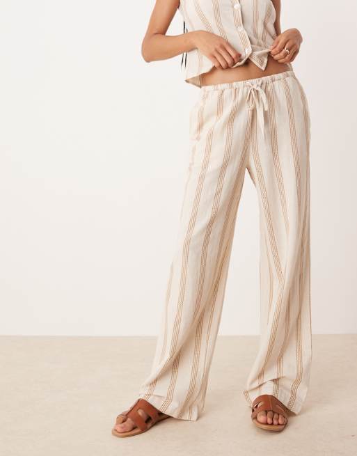 Vila mix and match linen touch tie waist wide leg pants in cream & tan stripes, 2 of 5