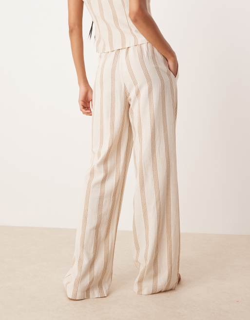 Vila mix and match linen touch tie waist wide leg pants in cream & tan stripes, 4 of 5