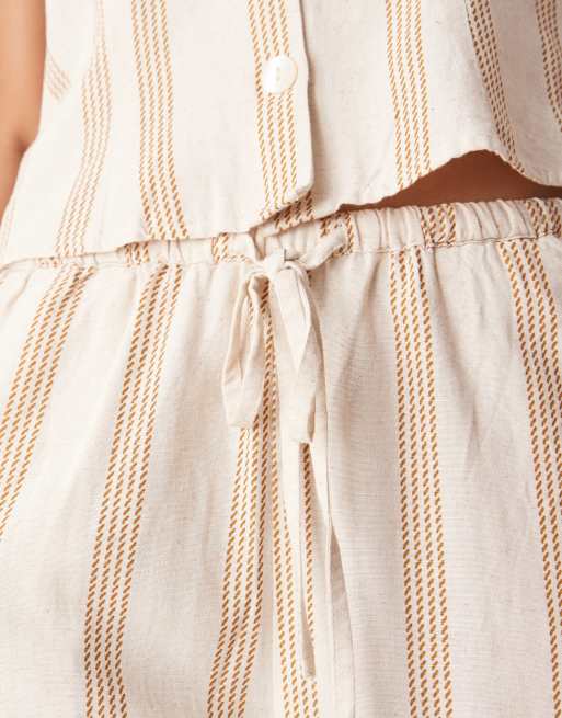 Vila mix and match linen touch tie waist wide leg pants in cream & tan stripes, 5 of 5