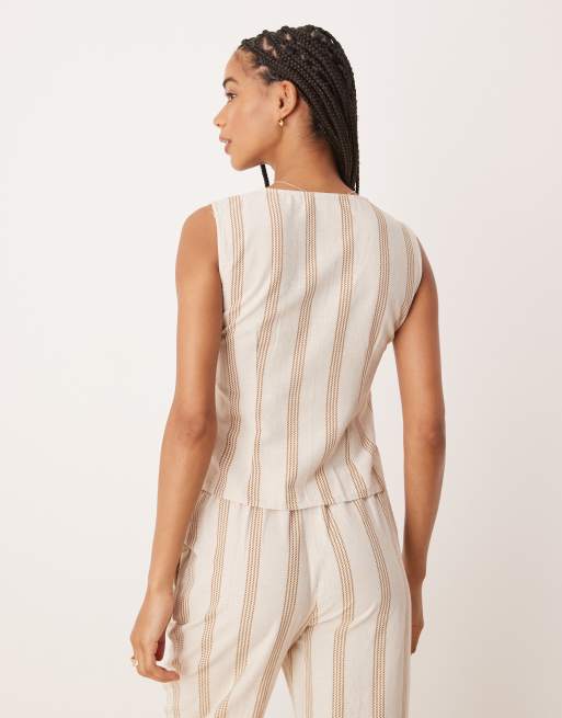 Vila mix and match linen touch vest in cream & tan stripes, 2 of 4