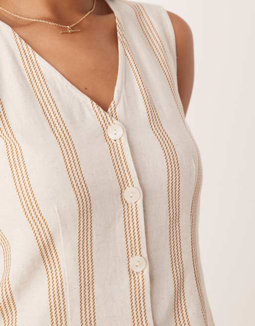 Vila mix and match linen touch vest in cream & tan stripes, 4 of 4