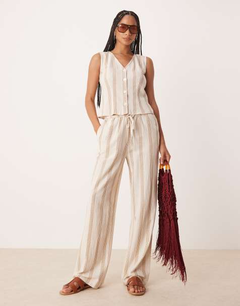 Vila mix and match linen touch vest, shorts and pants set in cream & tan stripes - view 1