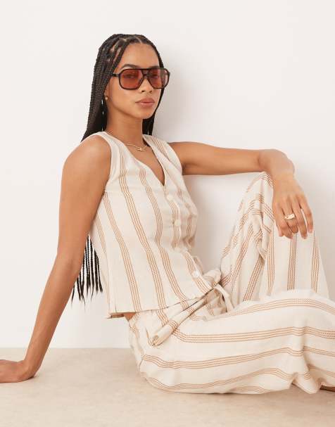 Vila mix and match linen touch waistcoat in cream & tan stripe - view 1