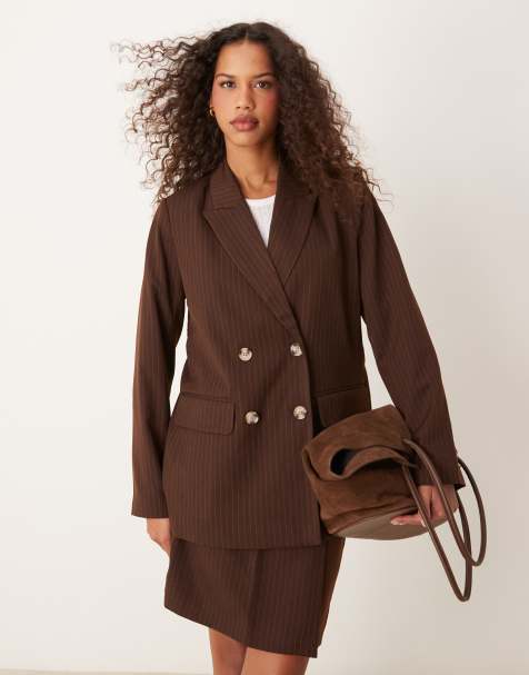 VILA Mix and Match tailored double breasted blazer in brown pinstripe - view 1