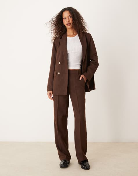 VILA mix and match tailored wide leg pants in brown pin stripe - view 1
