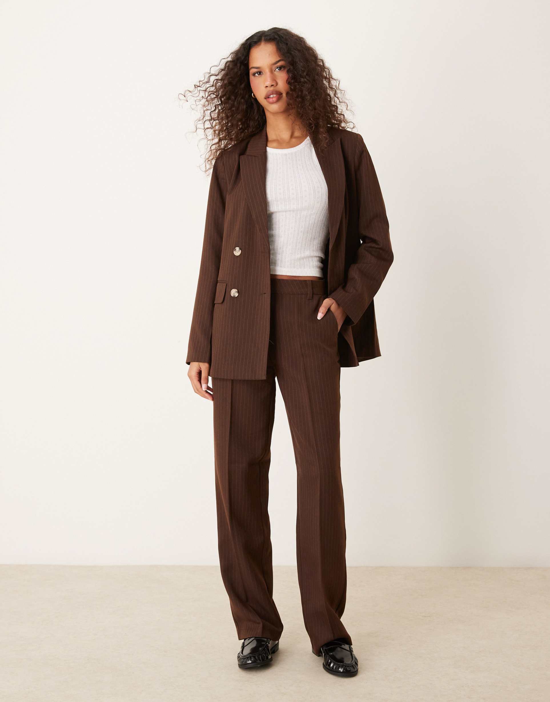 vila mix and match tailored wide leg pants in brown pin stripe