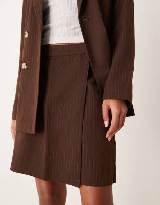 mix and match tailored wrap front mini skirt in brown pin stripe