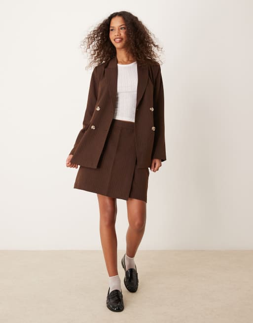 VILA Mix and Match tailored wrap front mini skirt in brown pinstripe, 2 of 5