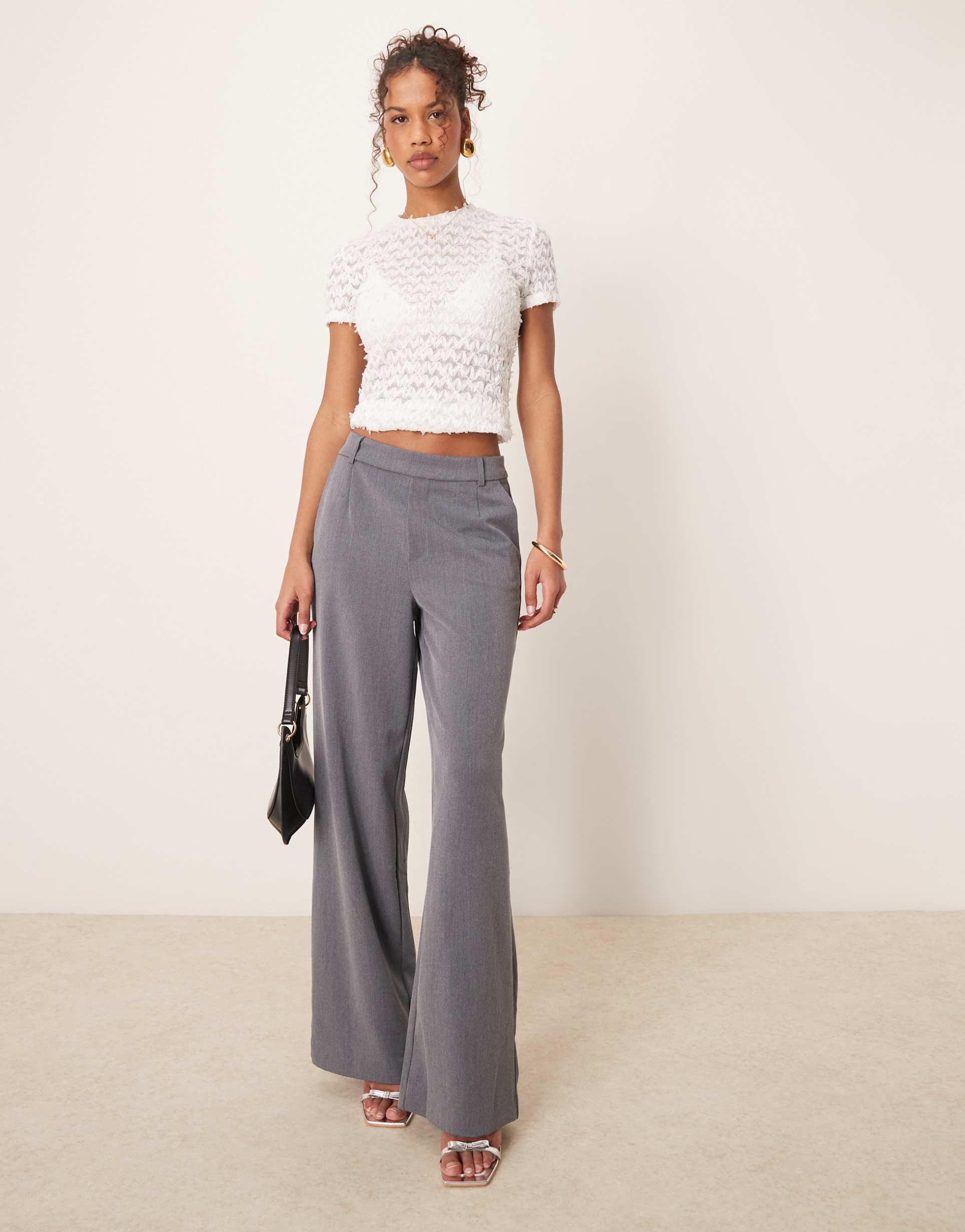 vila mix & match high waist wide leg pants in medium gray melange