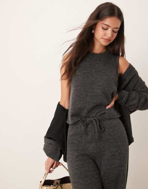 Vila mix & match premium jersey sleeveless top co-ord in dark grey - view 1