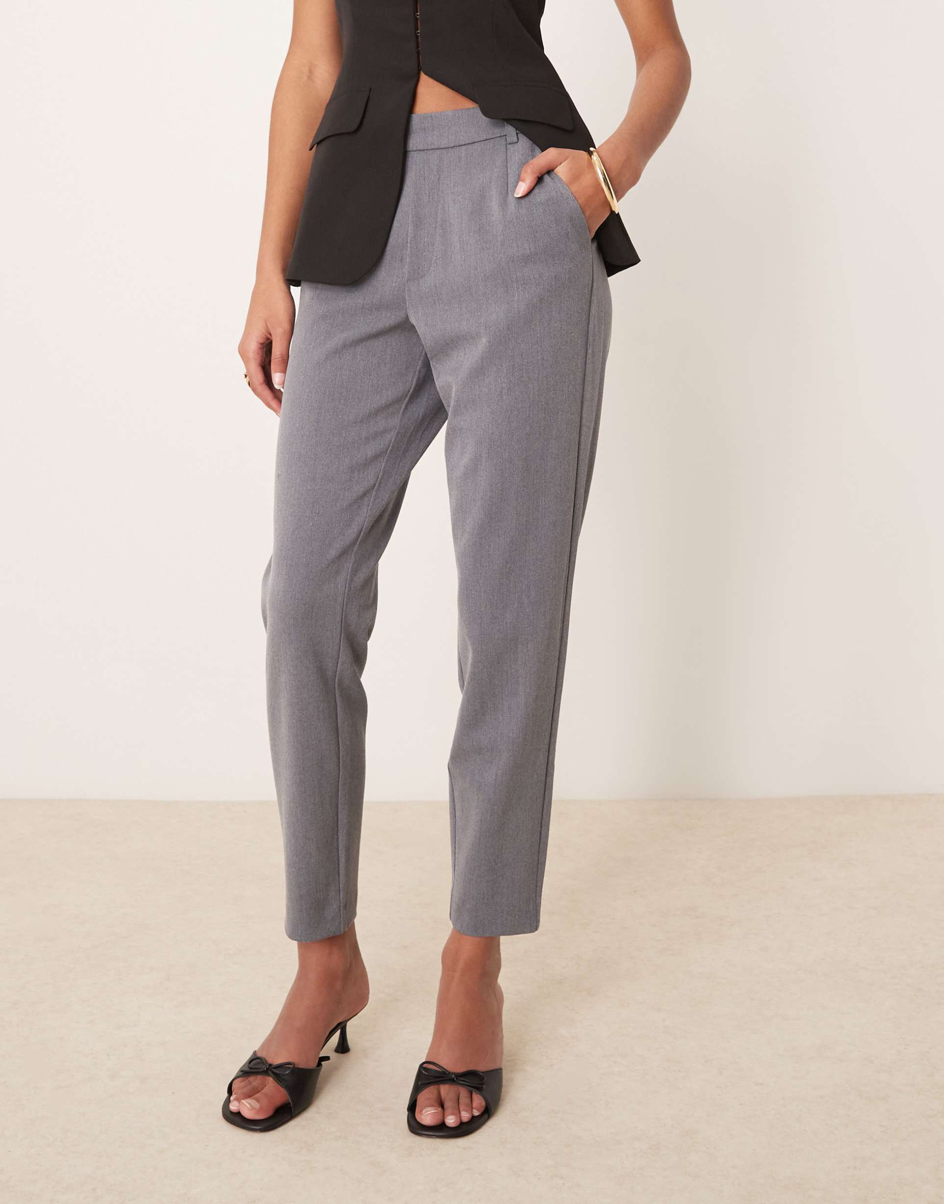 vila mix & match slim tailored pants in medium gray melange