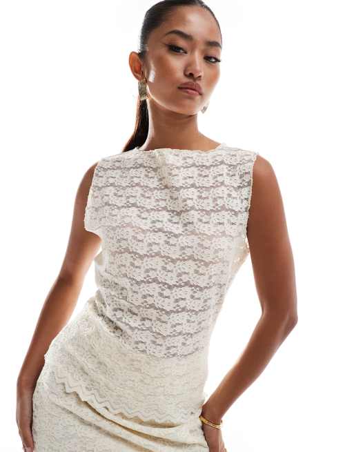 Vila - Mouwloze kanten top in crème, deel van co-ord set