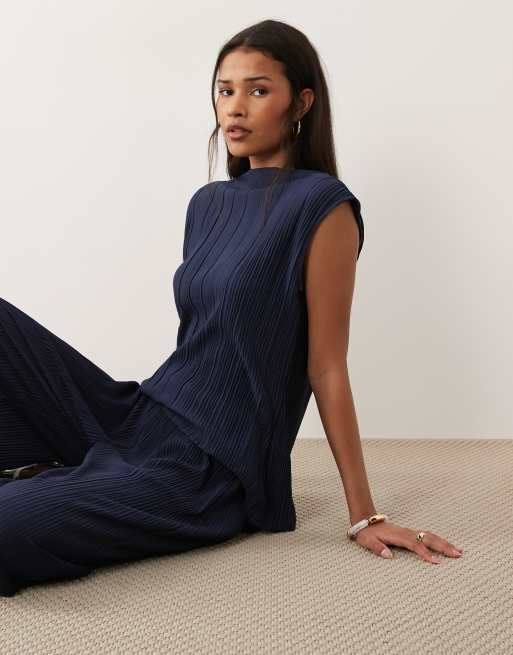 Vila - Mouwloze plissé top in marineblauw, deel van co-ord set, 2 van 4