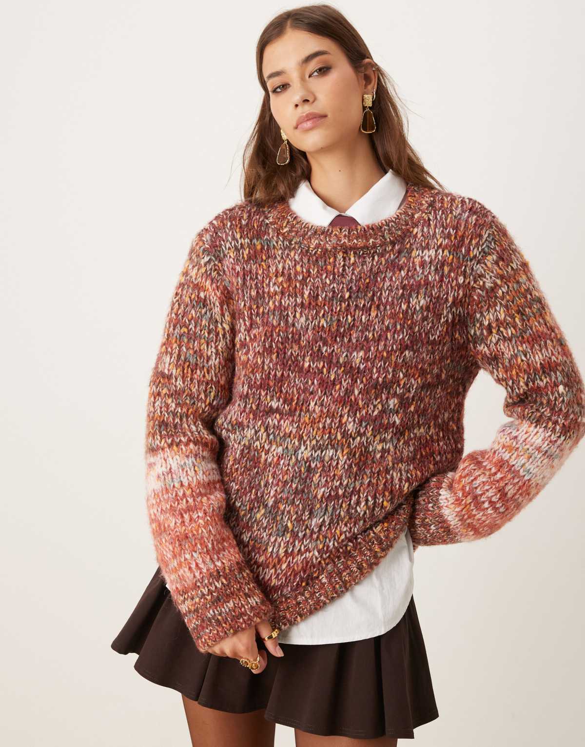 Vila multicolour yarn chunky knit jumper in red and brown