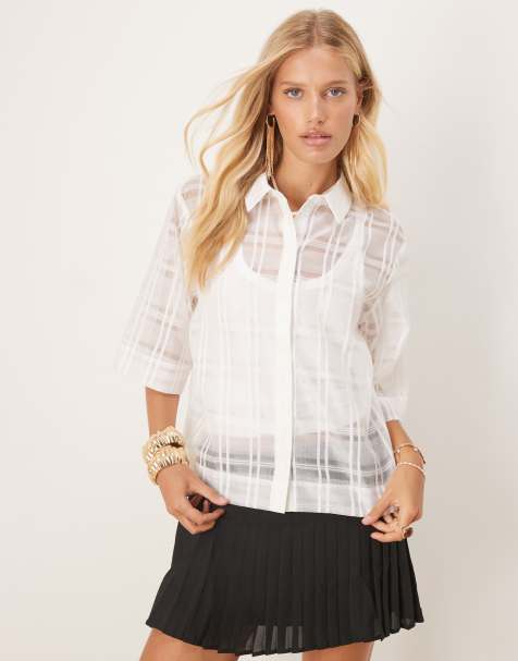 Vila – Naturvit, rutig skjorta med skira detaljer - view 1