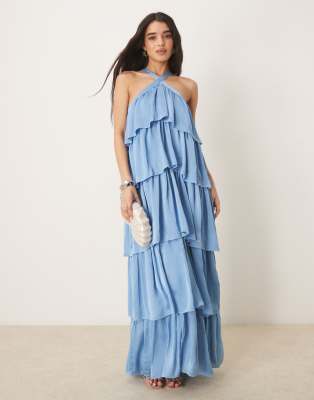 VILA - Neckholder-Maxikleid in Blissful-Blau mit gestuftem Rüschen-Design