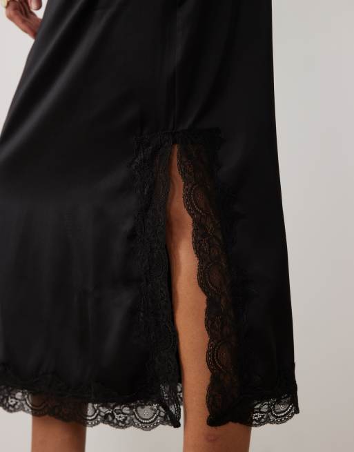 Vila nederdel i satin med blondetrim i sort, midi, 4 af 5