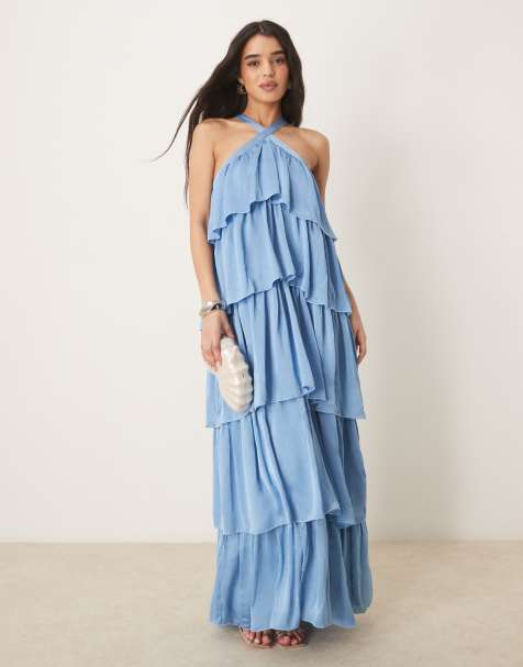 Vila halter neck tiered ruffle maxi dress in blissful blue