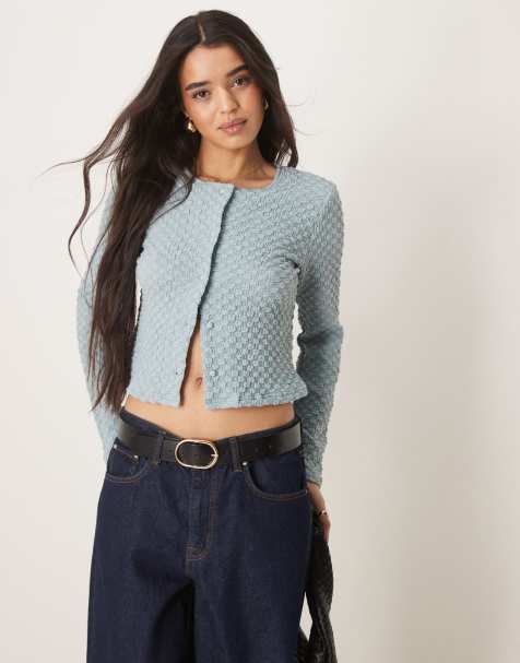 Vila bubble textured cropped cardigan in kentucky blue