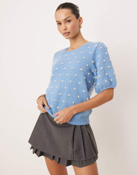 Vila short sleeve bobble texture knitted top in blissful blue