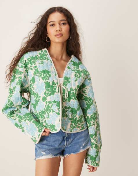 Vila tie front quilted jacket in blue and green floral