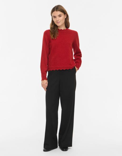 Vila Nikolina ribbad stretchstickad topp med rund hals och hög hals i savvy red, 3 av 6