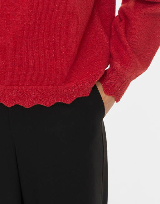 Vila Nikolina ribbad stretchstickad topp med rund hals och hög hals i savvy red, 4 av 6